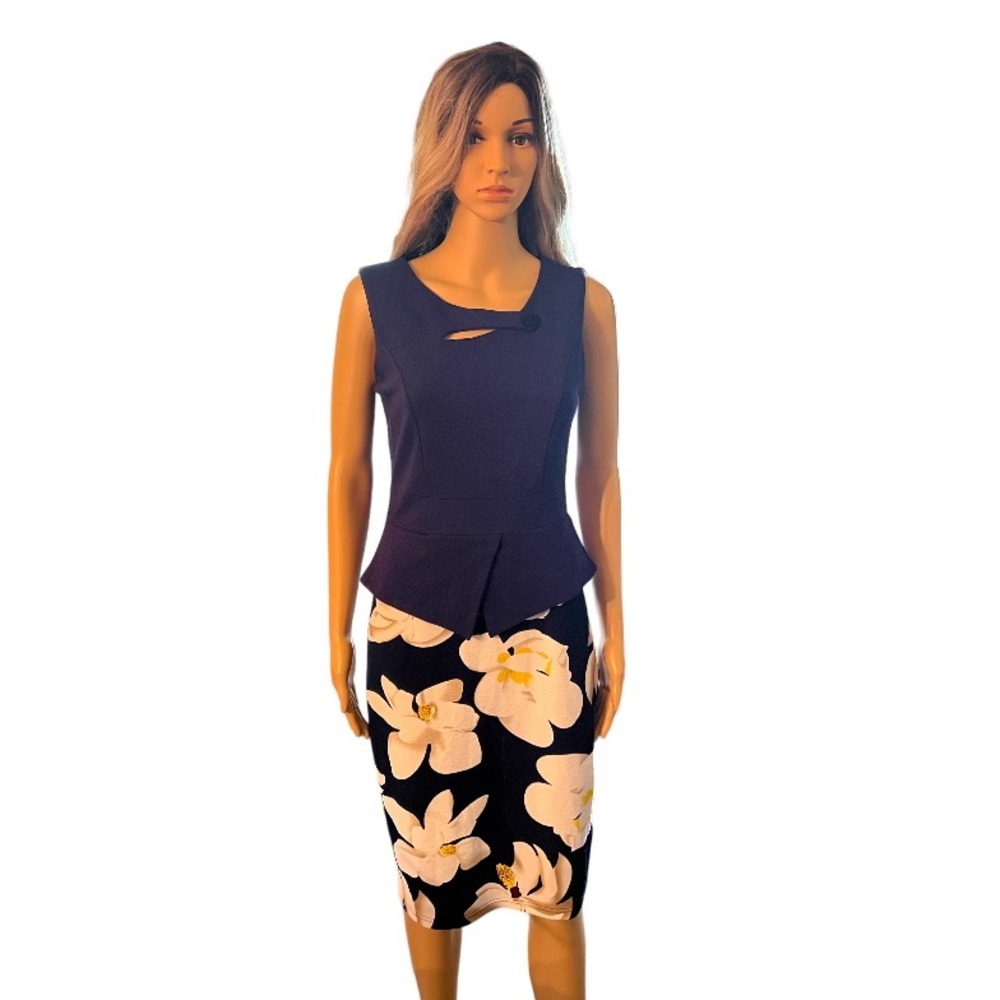 Homeyee Office Navy Blue Floral Dresses Short Sleeve Knee Length size 6